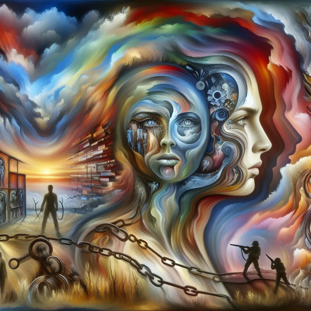 A surreal portrait depicting the essence of identity transformation and hidden struggles, inspired by the biography of Miyafuji Yoshika. The image captures the tension between physical appearance and internal turmoil, reflecting the complex themes of war, gender dysphoria, and the quest for acceptance within the narrative.