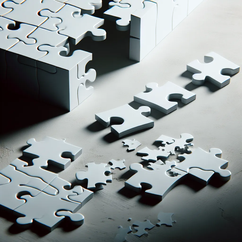 A shattered, fragmented puzzle piece lies alone on a stark white background, symbolizing the abrupt end and unfinished nature of the untold story.