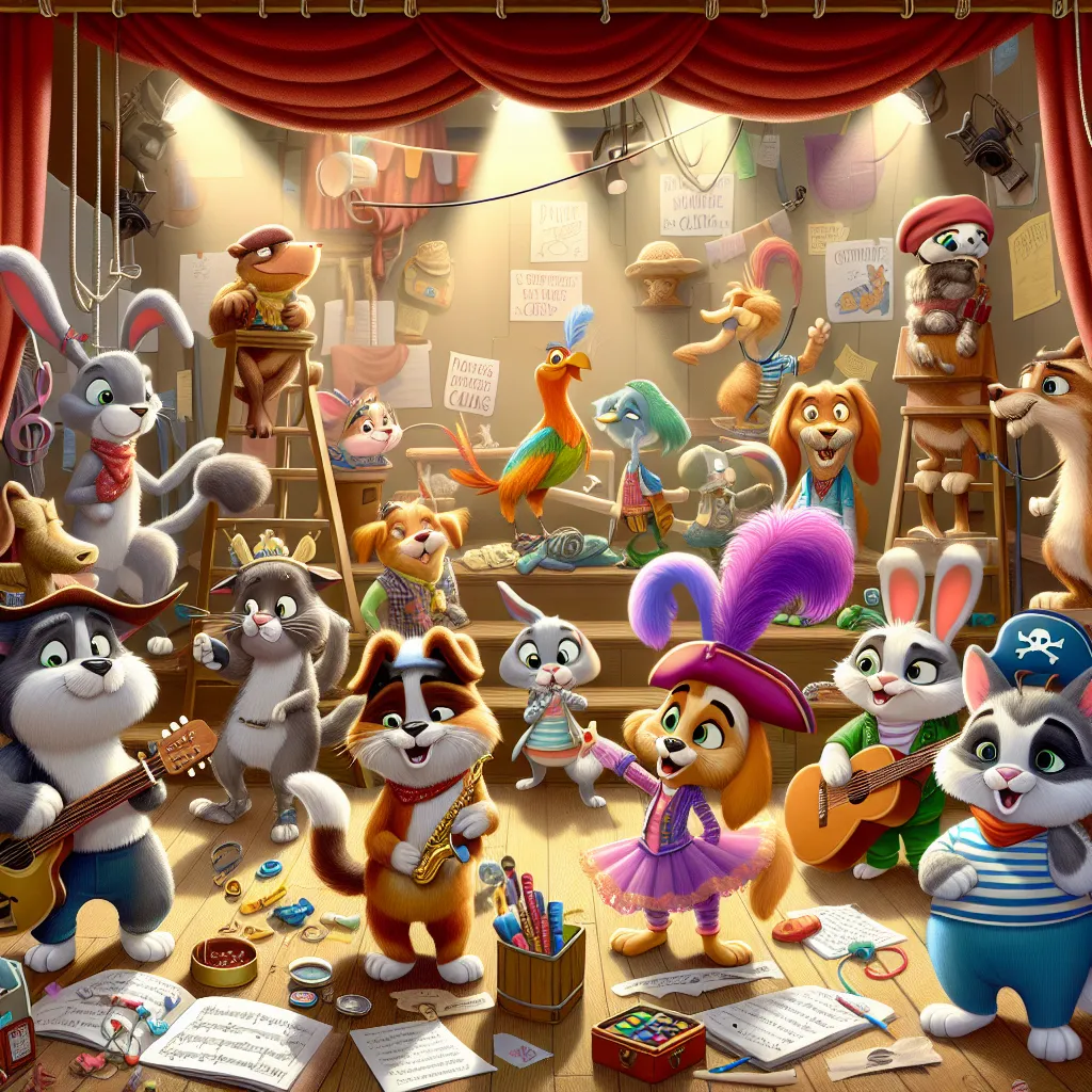 A colorful, animated image depicting a diverse group of anthropomorphic pets in a backstage theater setting, preparing for a comical and adventurous musical performance titled “Paws Before Claws”. The pets are shown in various playful poses, showcasing their unique personalities and interactions as they navigate swapped bodies, unexpected challenges, and the heartwarming lessons of friendship and self-expression.