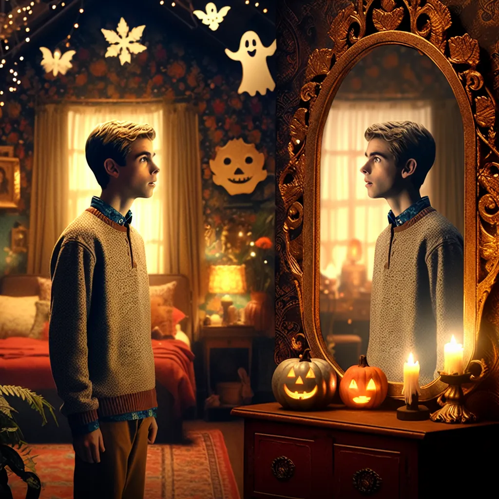 A heartwarming tale of a child named Oliver who mysteriously transforms into his own mother, Sophia, on Halloween night. The image will capture the moment Sophia, now in Oliver's body, gazes at her reflection in the mirror, realizing the irrevocable transformation. It will depict her shock, confusion, and the shift in her identity as she sees her motherly figure reflected back at her.