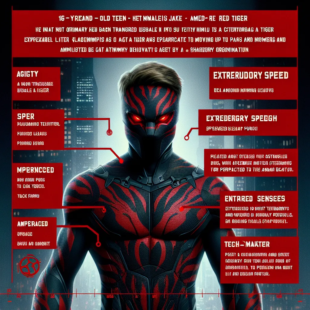 Meet Jake "Red Tiger" Thompson, a 16-year-old prodigy from New York who has found himself at the center of a dangerous world he never asked to be a part of. His life took a dark turn when a shadowy organization targeted him for a series of experiments. These experiments weren't just any ordinary tests; they were intended to create the perfect superhuman weapon. Jake emerged from them no longer an average teenager but someone imbued with extraordinary powers inspired by the fierce and enigmatic r