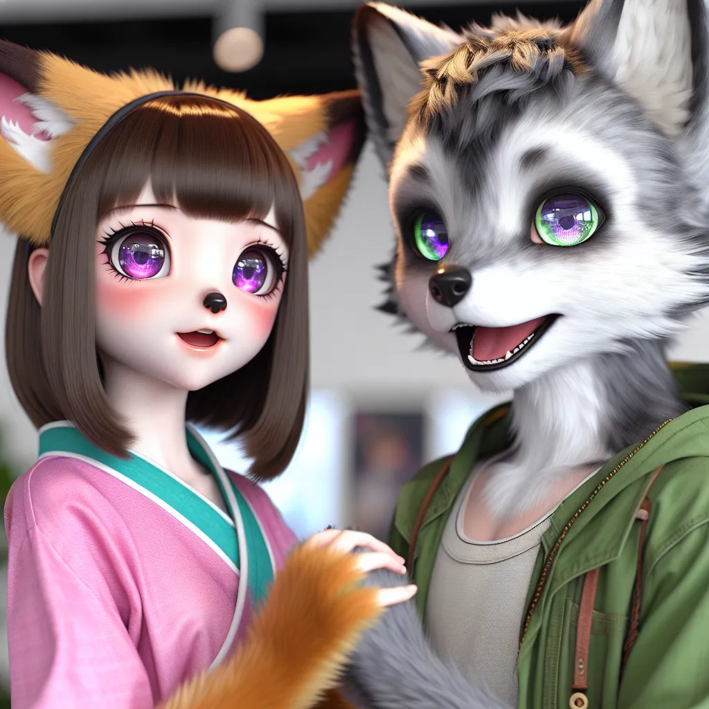 Description: An anthropomorphic tanooki girl and a cybernetic silver-furred fox stand side by side, their vibrant eyes gleaming with excitement. The immersive skinsuits they wear perfectly mimic their beloved vtuber personas, fostering a genuine connection with their fans. They share a heartfelt moment, embracing each other as siblings of the future, ready to embark on a new adventure blurring the lines between digital dreams and tangible reality.