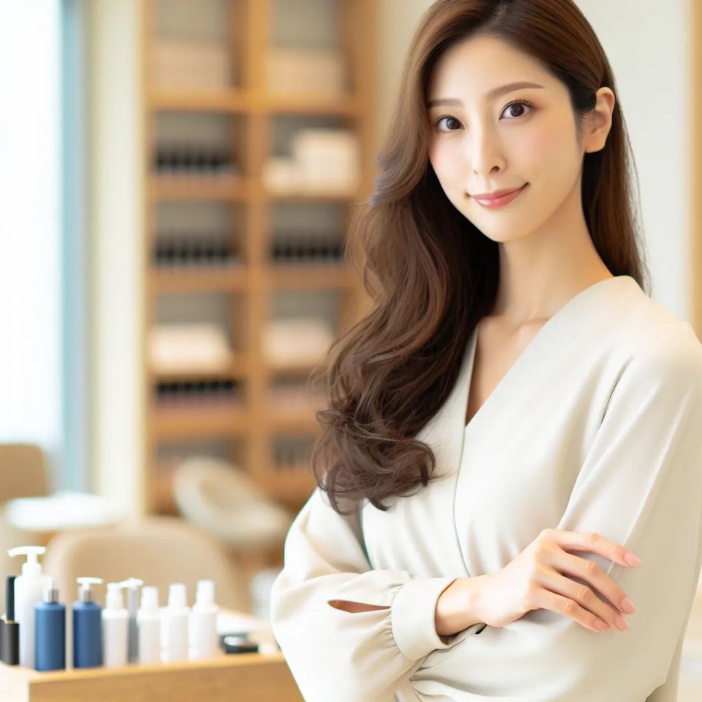 An image of a proud Korean salon owner, Mrs. Park, reflected in a clean and organized salon, ready to face the day.