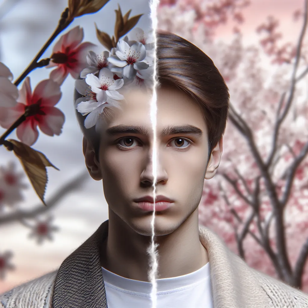 An image of a young person with a conflicted expression, split down the middle to represent the dual identities of Makoto and Yukari. The left side of the image reflects Makoto's appearance, while the right side reflects Yukari's appearance. The background is adorned with delicate cherry blossoms, symbolizing the blossoming romance and the mysteries that surround their intertwined fates.