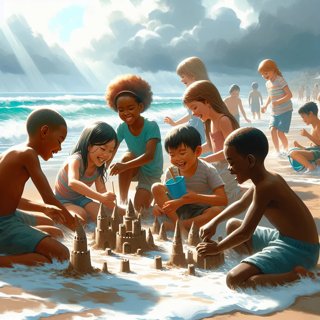 A cheerful beach scene with children building sandcastles and playing in the surf under a sunny sky.