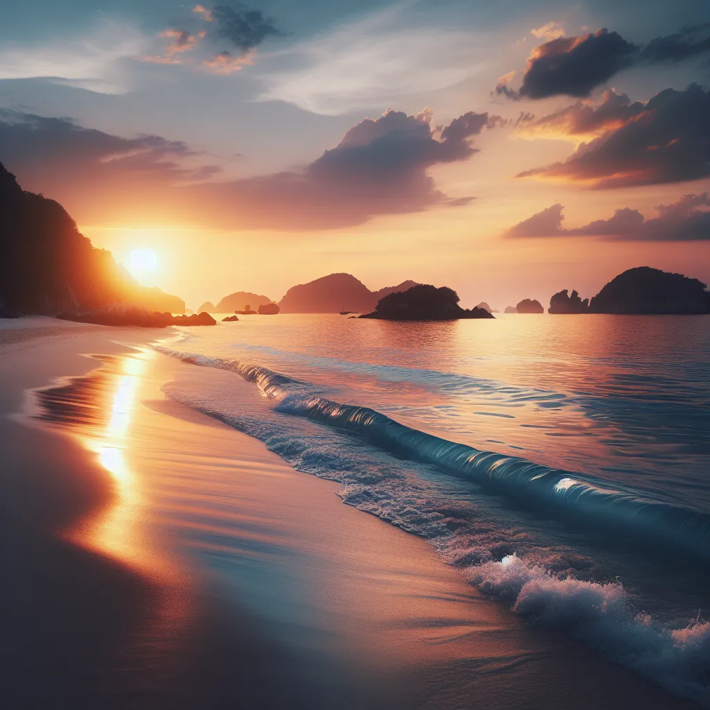 Sure! Here's a concise description for the image that will accompany your story: "A serene beach at sunset with gentle waves crashing against the shore, creating a peaceful atmosphere."