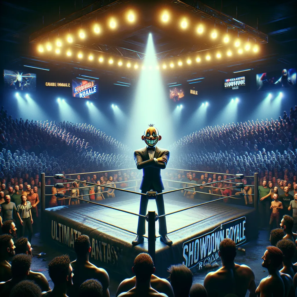 Description: An image of a wrestling ring under spotlights, surrounded by a digitally-rendered crowd. In the center, Lucifer Morningstar, a mischievous-looking character with crossed arms and a smirk, awaits challengers. The image captures the anticipation and excitement of the Ultimate Fantasy Showdown Royale, where characters from different multiverses face off against Lucifer, creating an apocalyptic atmosphere.