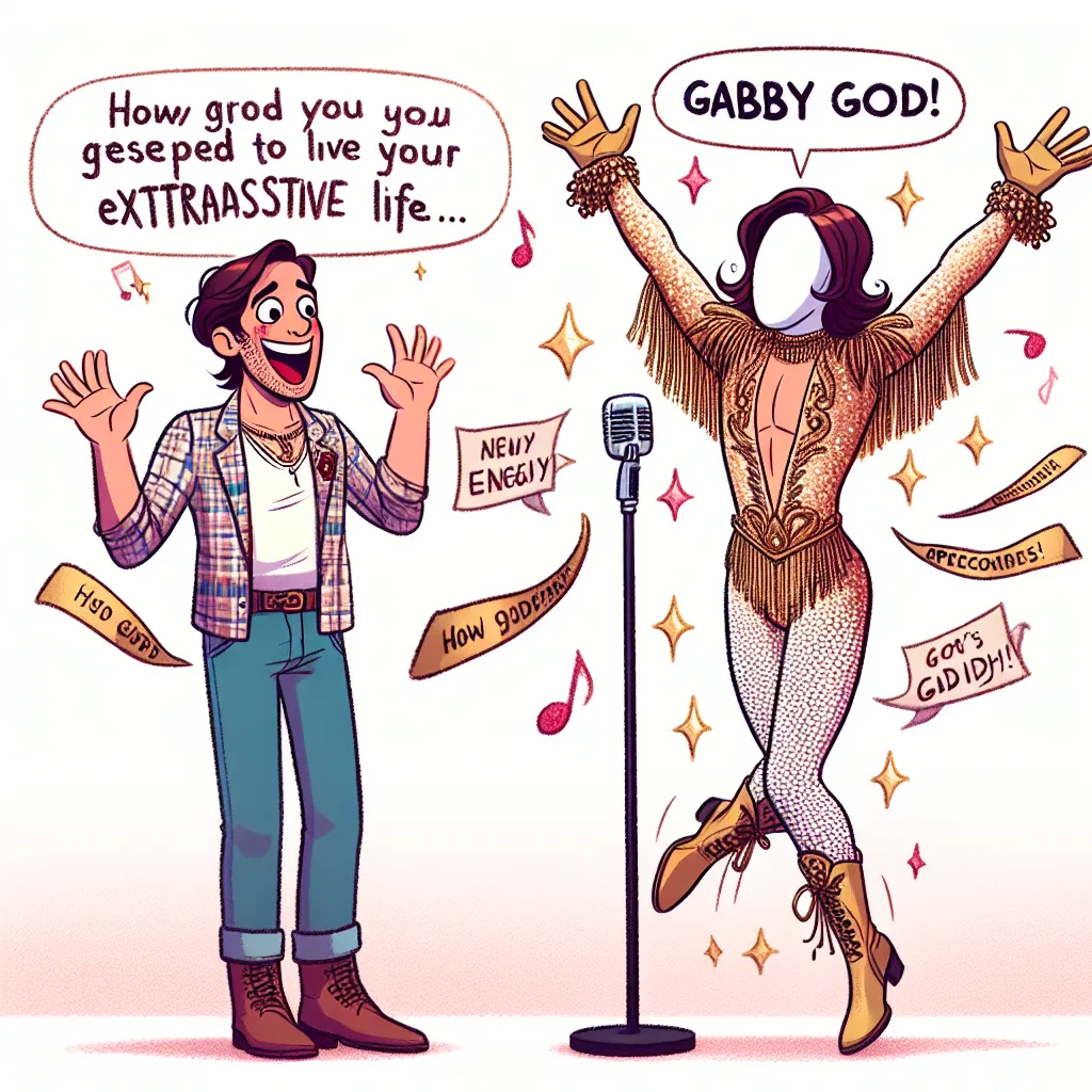 An image of Chris, now transformed into Gabby Gold, dressed in a skimpy, sequined concert outfit, with his best friend Matt standing beside him, eagerly admiring his new assets, as they prepare to navigate the challenges of living Gabby's extravagant life.