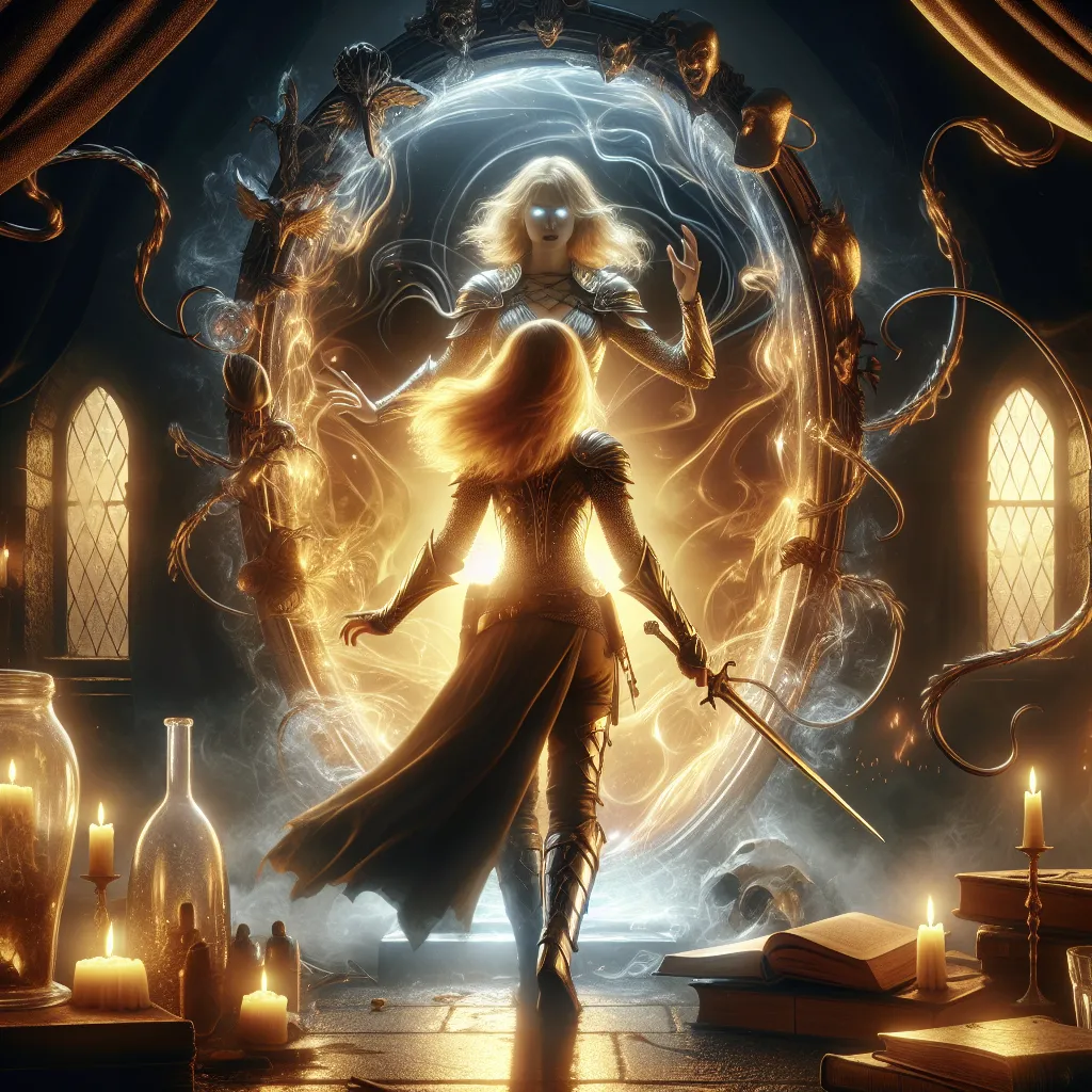 An intense, mysterious scene unfolds as Magik confronts a supernatural mirror in her sunlit sanctum, revealing her fears and inner turmoil. Twisted shadows manifest, disappearing as quickly as they came, leaving Magik at a crossroads between facing her mentor, Wanda, or disappearing into uncertainty.