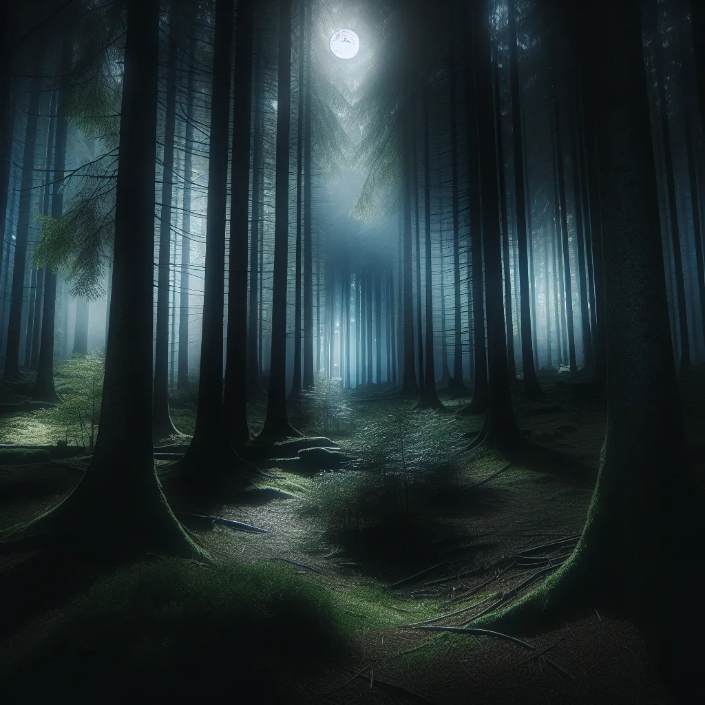 A dark, mysterious forest with tall trees and a foggy ambiance. Moonlight filters through the canopy, casting an eerie glow on the forest floor.