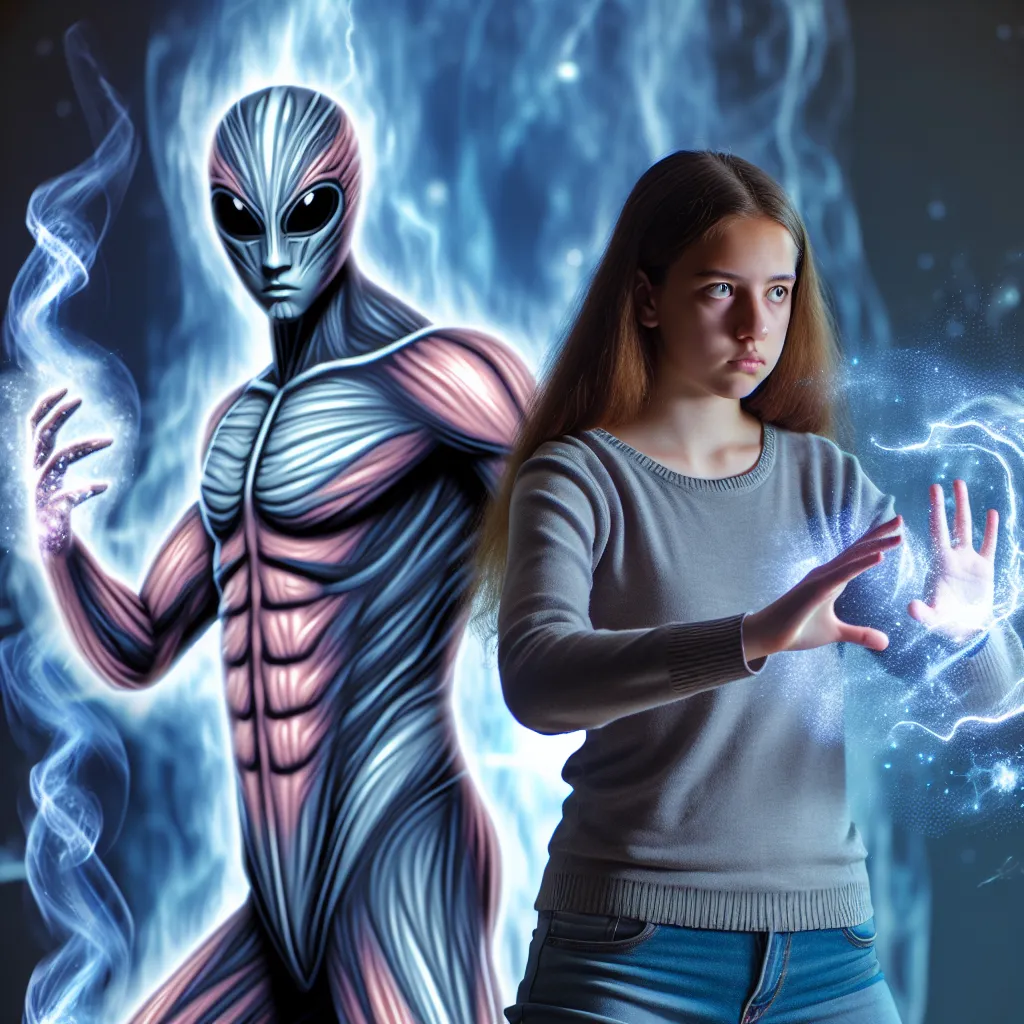 The image accompanying this story could depict a scene where 16-year-old Angel Quinteors and Gwen Tennyson are standing back to back, facing off against a powerful enemy. Angel is transformed into one of his alien forms, surrounded by an aura of energy, while Gwen is casting a spell, with her hands emitting magical energy. They are both wearing determined expressions and their teamwork is evident in their coordinated actions.