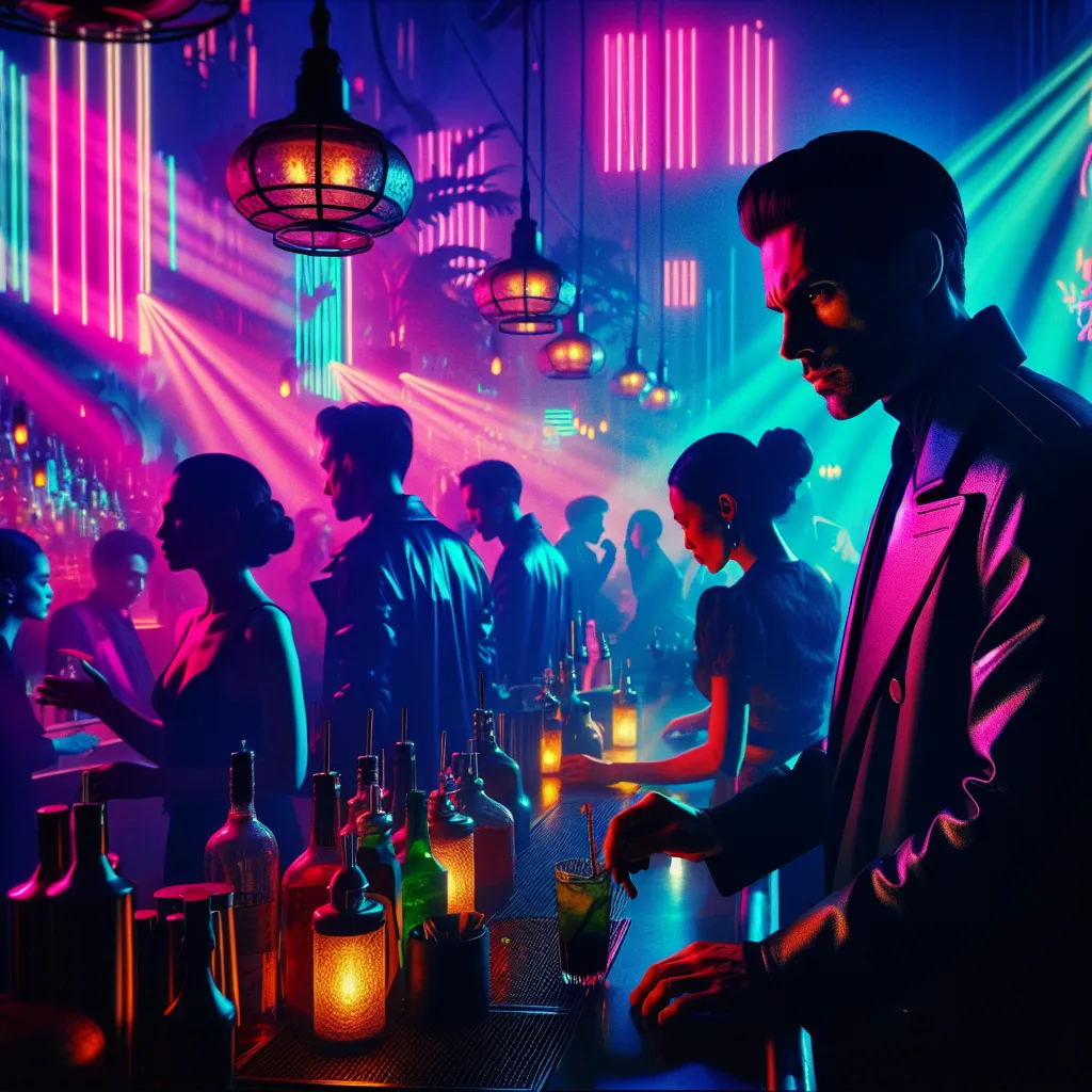 An intense moment in a neon-lit, bustling club as a mysterious man watches the bartender closely, sparking a chain of events that hint at hidden secrets and a compelling mystery.