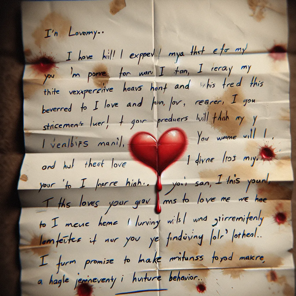 An image of a handwritten letter with tear stains and a small red heart at the end, expressing deep regret, love, and a commitment to change.