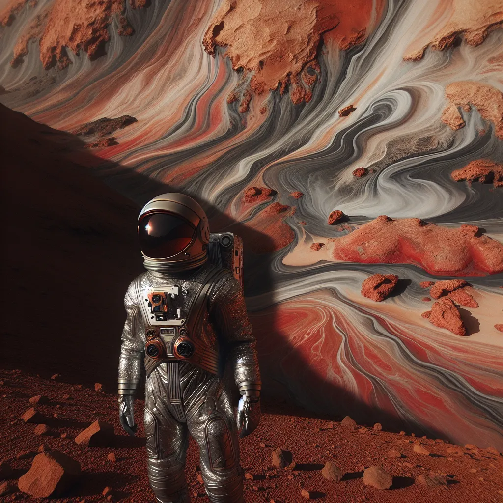 An astronaut stands on the surface of Mars, surrounded by a barren landscape of red rocks and dust. The astronaut's silver suit contrasts with the desolate backdrop, showcasing humanity's audacious pursuit of space exploration.
