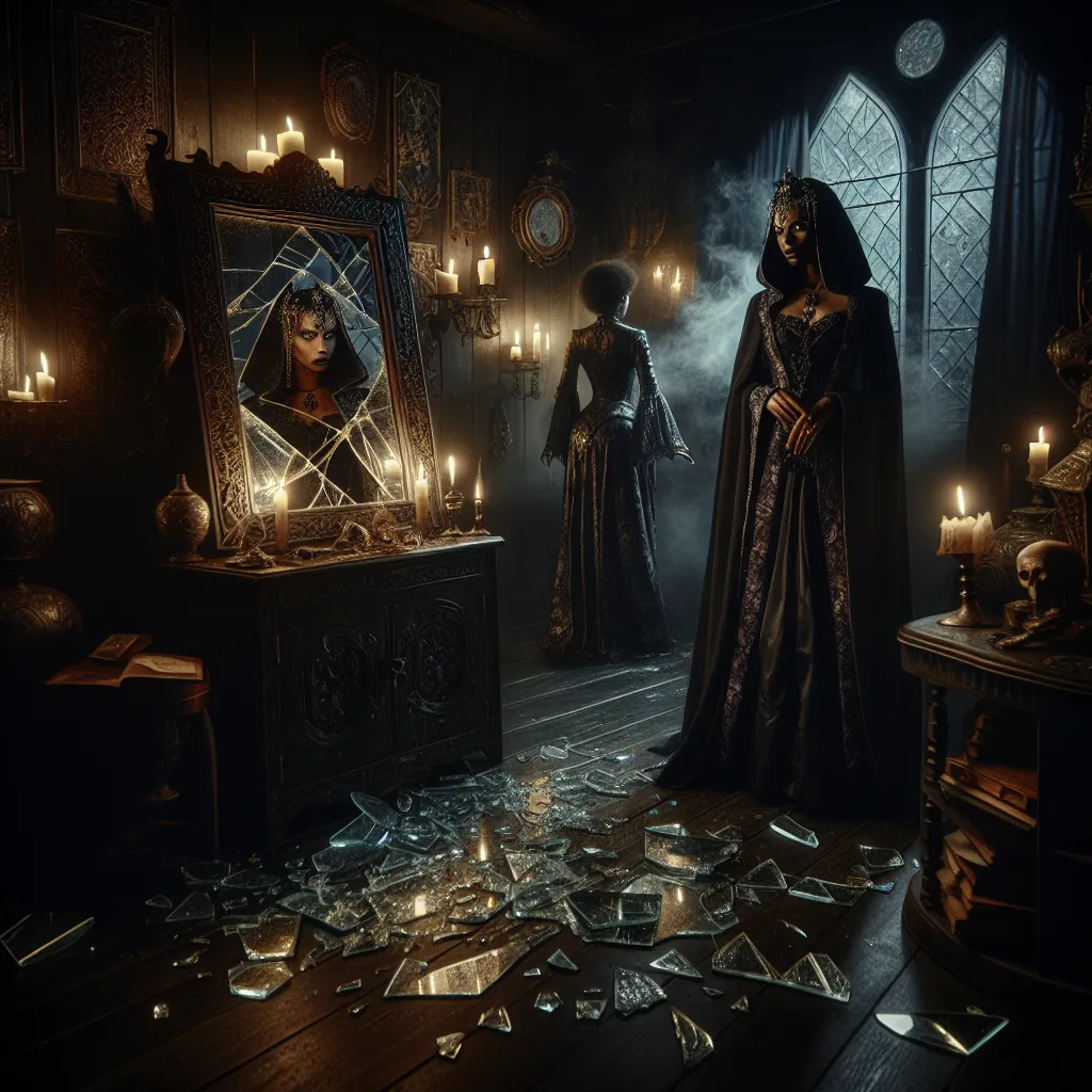 A mysterious scene unfolds in a story titled "Echoes of Glass and Shadows," as Magik grapples with the aftermath of a shattered mirror in Wanda's study. Tense with anticipation, she faces the consequences of her actions amidst looming shadows and the arrival of Wanda, exuding an air of wisdom and power. The shattered glass reflects a tale of guilt, forgiveness, and the weight of past choices in this atmospheric mystery setting.