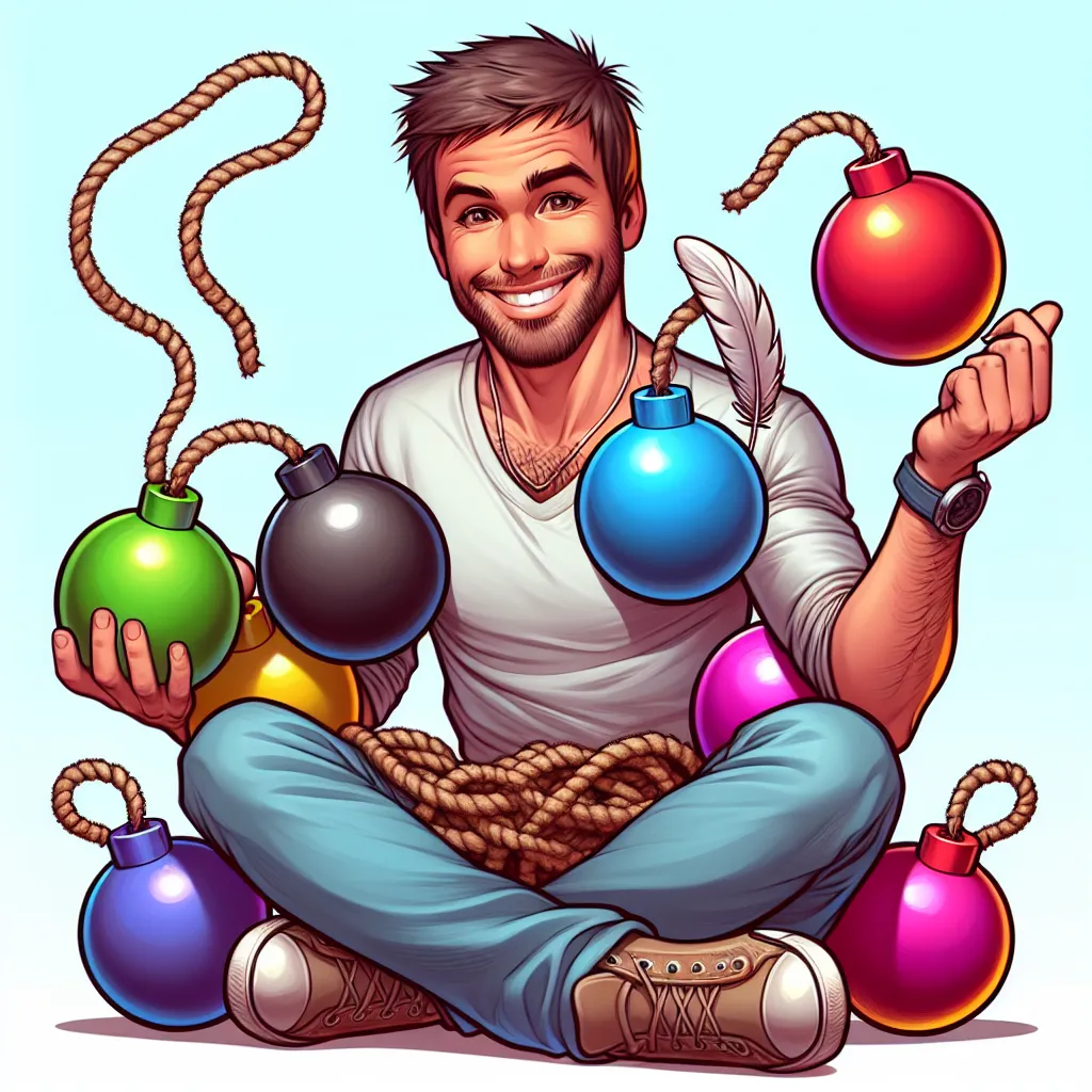 Description: A comical illustration of a person surrounded by colorful, ticking time bombs, symbolizing the notion of "ticking time bomb apologies." The person wears a mischievous grin, holding a feather and preparing to tickle one of the bombs.