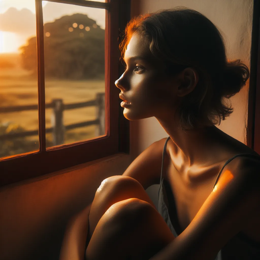 Sure! Here's a concise description for the image: "A young woman sits by a window, gazing at the landscape outside. The room is filled with warm, golden light. Her face reflects a mix of tranquility and longing."