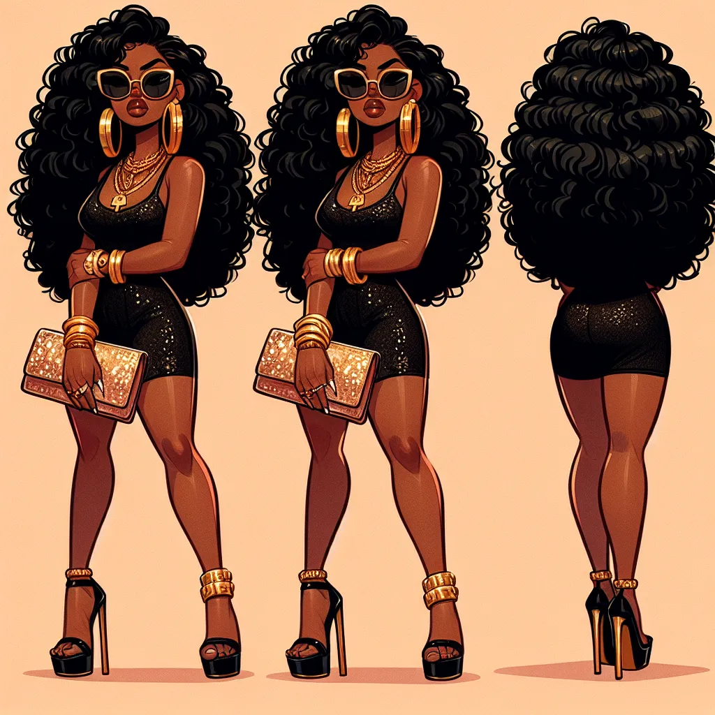 A confident and stylish woman named Latoya, with long, curly black hair, stands self-assuredly in high-heeled sandals. She adorns herself with chunky gold jewelry, oversized sunglasses, and a sequined clutch bag, exuding a sense of pride and resilience.