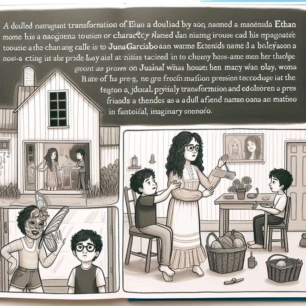 A detailed story about Ethan James Miller's transformation into Juana García during a playdate at Mateo's house, covering his physical metamorphosis, emotional journey, and mundane tasks as an adult woman.