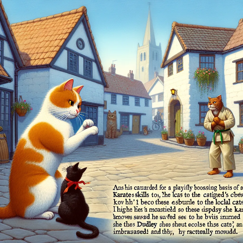 An image of a small courtyard in a quiet town, where a cat named Kiska Karateka lives. Kiska, despite her lack of actual martial arts skills, enjoys boasting about her karate abilities to other animals. One day, she encounters three local troublemaking cats who demand that she demonstrate her "super moves." Scared and unable to perform, Kiska is mocked by the cats until Dudley, a friendly dog from a neighboring house, comes to her rescue. The image shows Dudley standing protectively in front of 