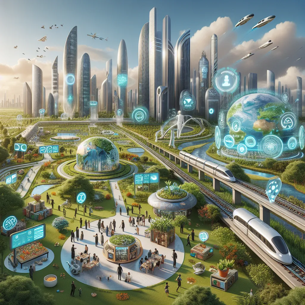 An image depicting a futuristic cityscape set in the year 2050, showcasing a harmonious coexistence between technology and nature. The scene features biocentric buildings, lush greenery, and clean air, emphasizing the environmental rejuvenation that has taken place. Advanced transportation systems, such as maglev trains and autonomous vehicles, highlight the technological transcendence achieved in this utopian society. People engaged in various activities, such as education, work, and leisure, c