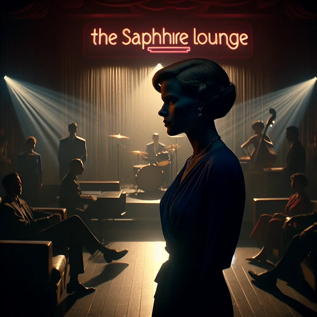 A woman, Maya Delaney, stands in a dimly lit jazz club called the Sapphire Lounge. Surrounding her are shadowy figures and the soft glow of the stage where a band is playing. Maya, with a mixture of sorrow and determination, navigates the intricacies of running the club and attempts to find solace amidst the mysteries and loss she faces.
