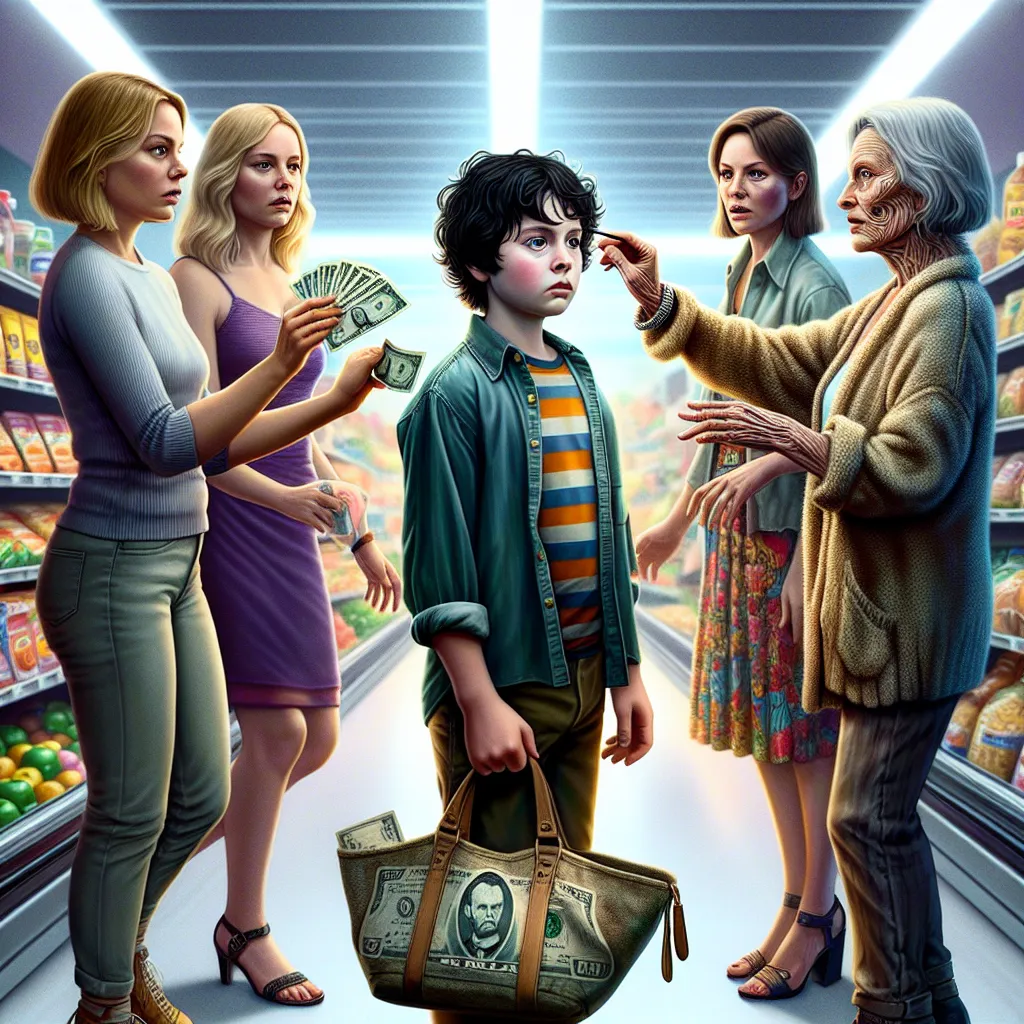 A digital artwork of a young boy, Tommy, inside a grocery store. He is clutching a five-dollar bill and looking unsure. There are various people around him, including two young women in crop tops and shorts, and an older homeless woman, Mary, wearing tattered clothing. Mary is clutching a purse and grabbing Tommy's shoulder, causing him to transform into her likeness. Tommy's appearance changes, including his clothes, hair, and even his memories. The image showcases the transformation and the co