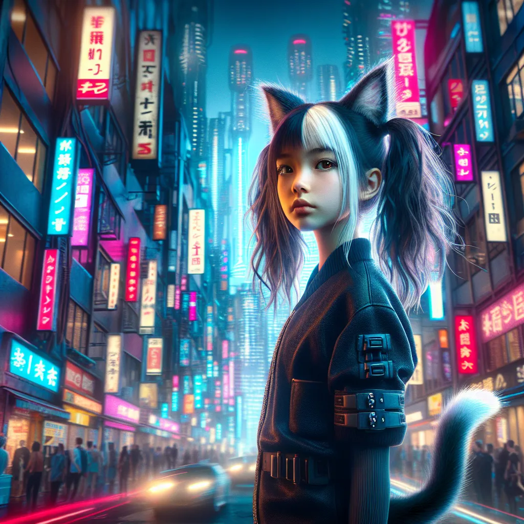 An image depicting a young girl named Yuki stands in the foreground, looking confident and resolute. Her hair is a mix of black and white, and cat-like ears and a tail protrude from her head and back, respectively. The bustling neon-lit streets of Neo-Tokyo serve as the backdrop, with towering skyscrapers and futuristic technology highlighting the city's vibrant atmosphere.