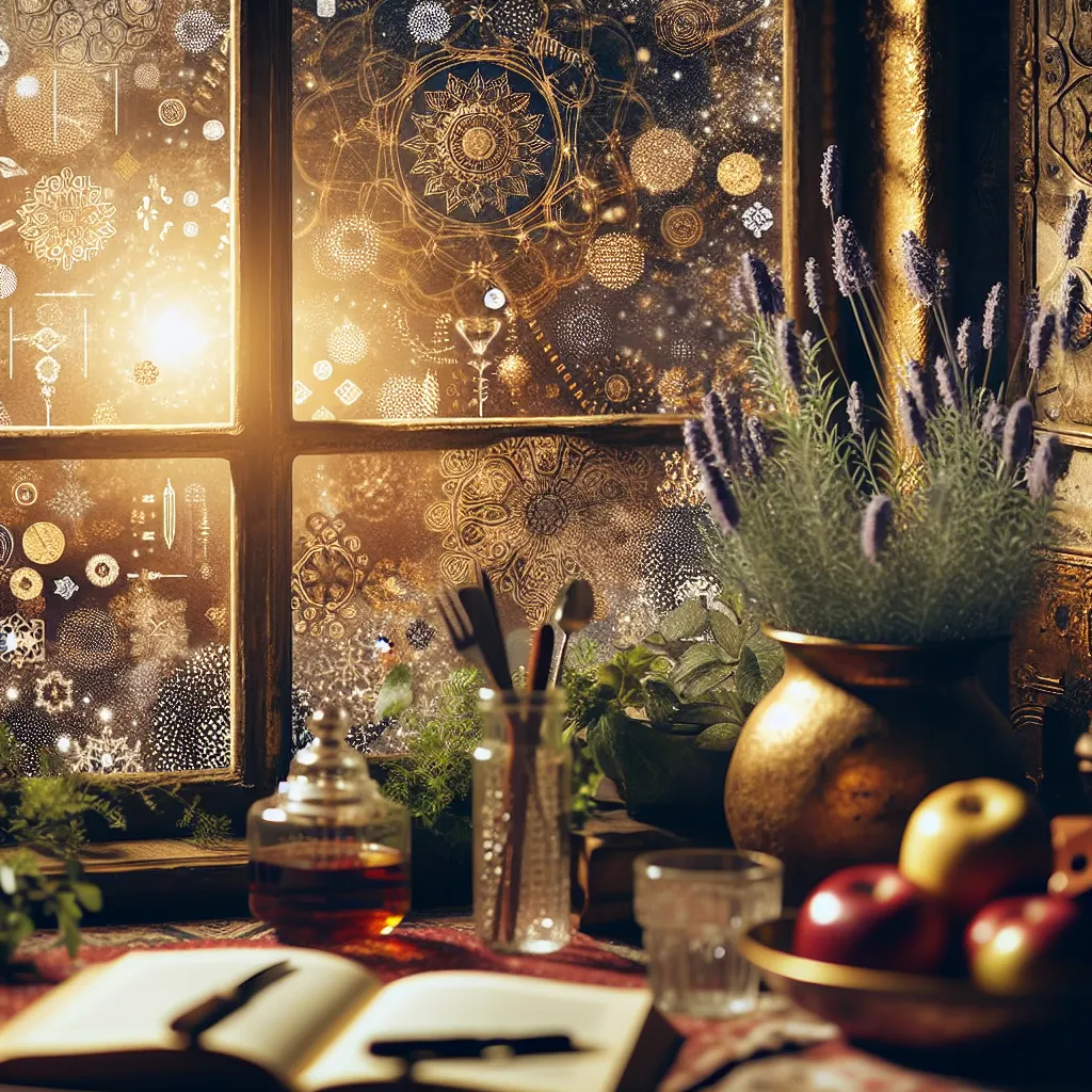 A woman standing by a window in a cozy room, lost in thoughts with a book in hand. She is gently embraced from behind, her body relaxing into the warmth and tenderness of the hug. The air is filled with the scent of lavender and ripe apples, creating a peaceful and intimate moment.