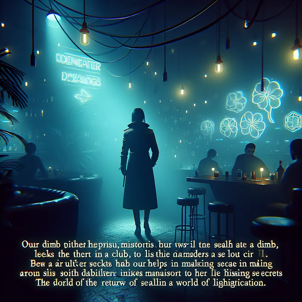 A shadowy, mysterious scene in a club called Mosaique unfolds as Lente Carrow navigates a world of secrets and deals. A man seeks her help finding his missing sister, leading Lente down a path of hidden truths and dangerous maneuvers. As the story unfolds, Lente's expertise in navigating the darkness of the club reveals secrets that bring a missing girl back to the light.