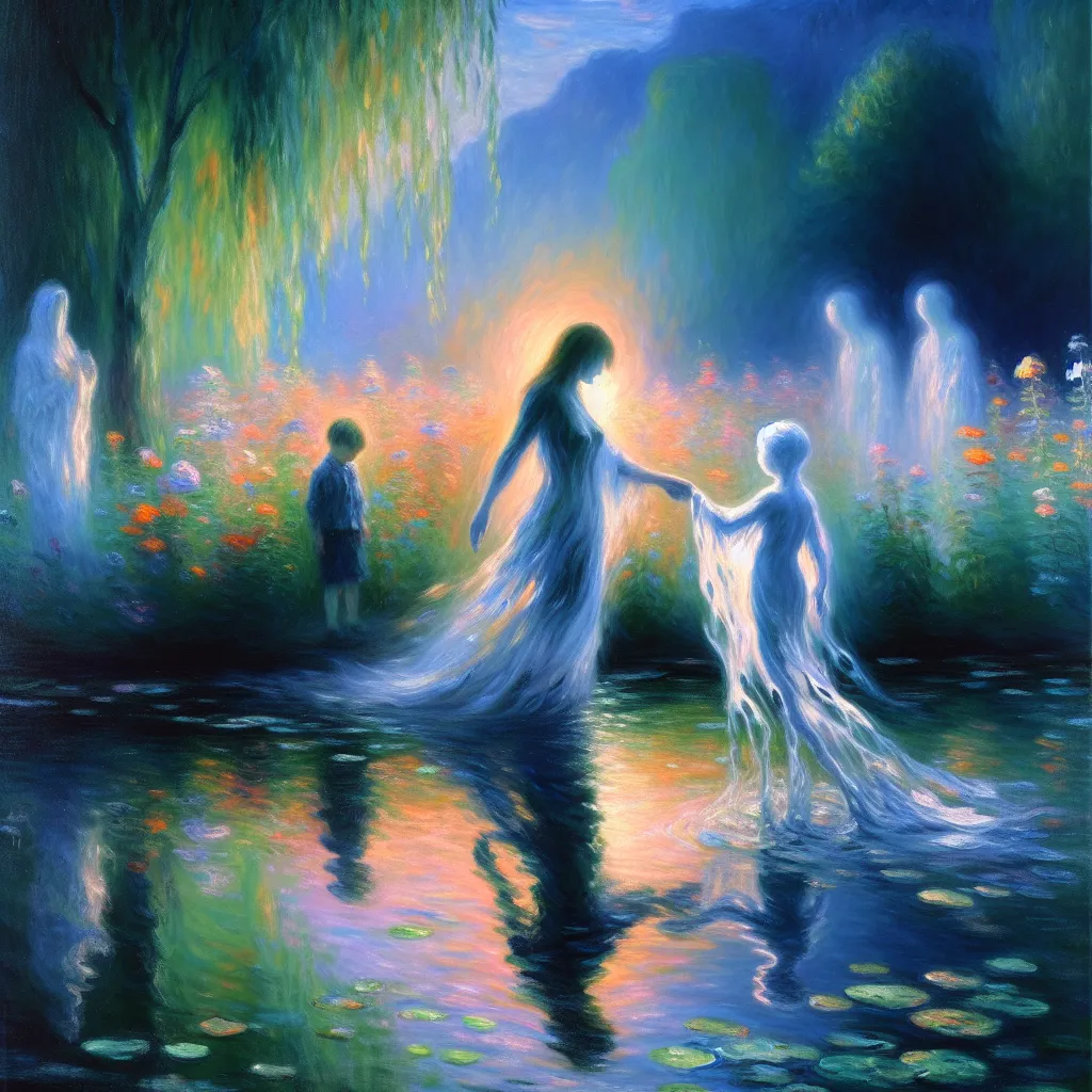 Child, Mother, Disappearance, Transformation, Reflection in the style of Monet