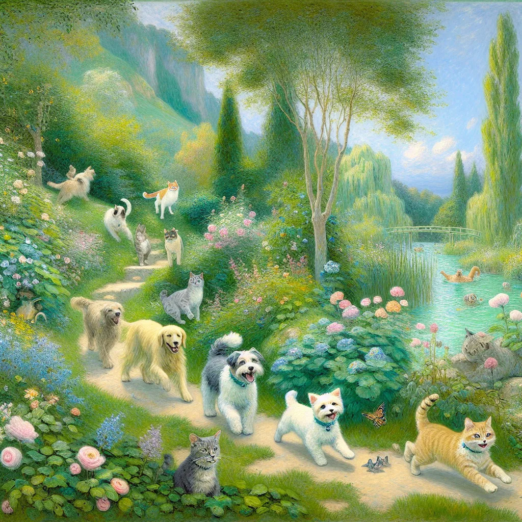 Prank, Hypnotize, Pets, Adventure, Comedy in the style of Monet