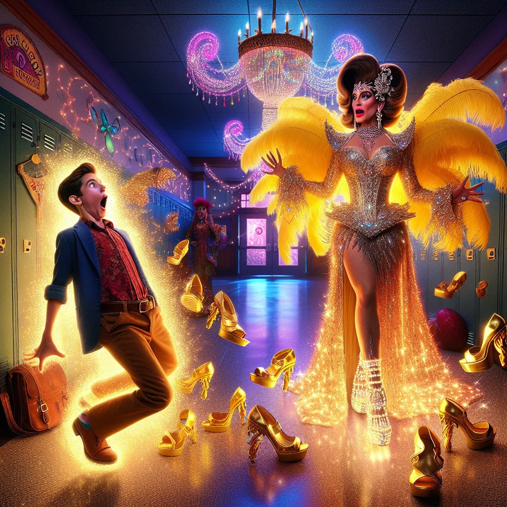 A fantastical and transformative day at school for a boy named Oliver unfolds, as he mysteriously transforms into the glamorous and sassy Señorita Paloma Solis with the help of magical, sparkling golden sandals. The story follows the comical and magical journey of the transformation, showcasing the boy's bewildered reactions and the teacher's diva-like demeanor. Ultimately, only Señorita Paloma Solis remains, embodying confidence and charm, with a dash of chaotic flair, strutting through the sch