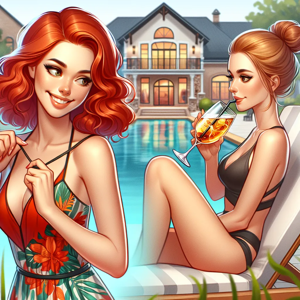 An image of two friends, one now a curvy redhead in a bikini struggling to adjust her top, while the other, relaxed in a poolside lounge chair, sips a margarita and chuckles at the situation. In the background, their sprawling mansion and sparkling pool symbolize their newfound wealth.