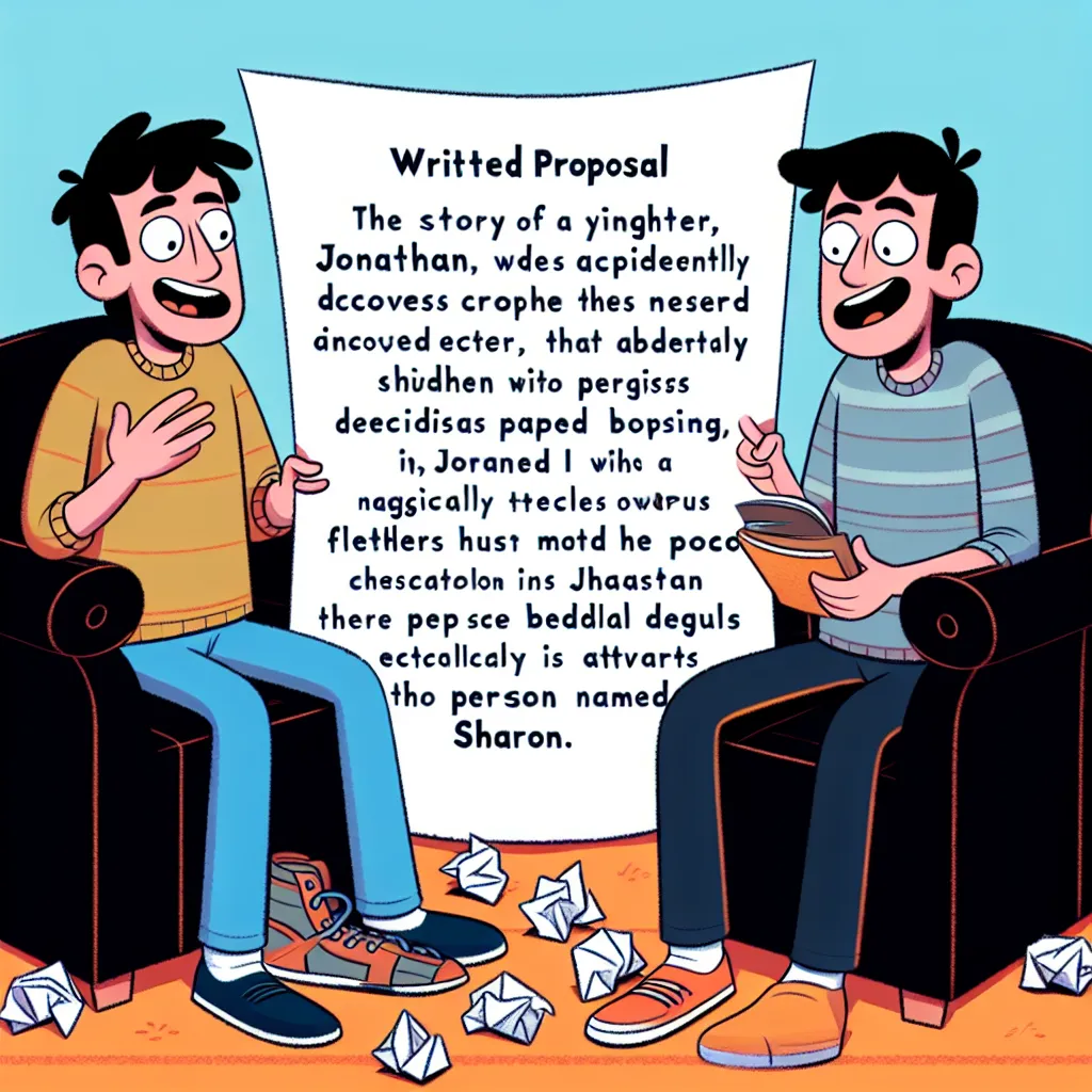 Peter Griffin and Brian are sitting in a living room, discussing a crumpled piece of paper with an absurd and disturbing prompt. They mockingly read the prompt out loud and comment on its nonsensical plot twists involving a child named Jonathan who stumbles upon strange sandals that transform him into a woman named Sharon. They hilariously critique the story's exaggerated details and questionable stereotypes.