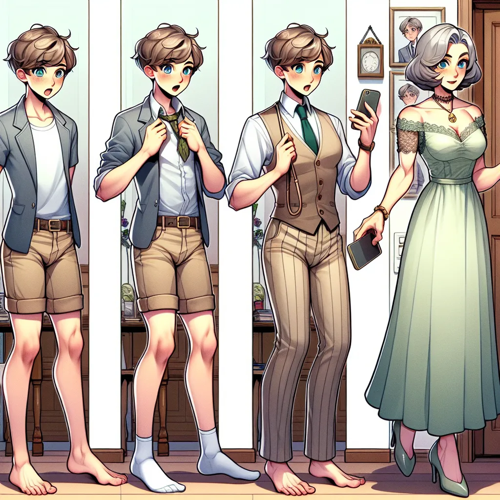 An image of a young boy with light brown hair, blue eyes, and a neat bowl cut. He is wearing a short-sleeved blazer and khaki shorts, trying to sneak into a room. His great aunt, a woman in her late 50s with silver gray hair and green eyes, takes his phone away. Another image shows the boy stumbling and seeing his feet transform into mature, feminine feet resembling his aunt's. Further transformations occur as the boy's body changes into that of his great aunt, with his clothes and accessories s