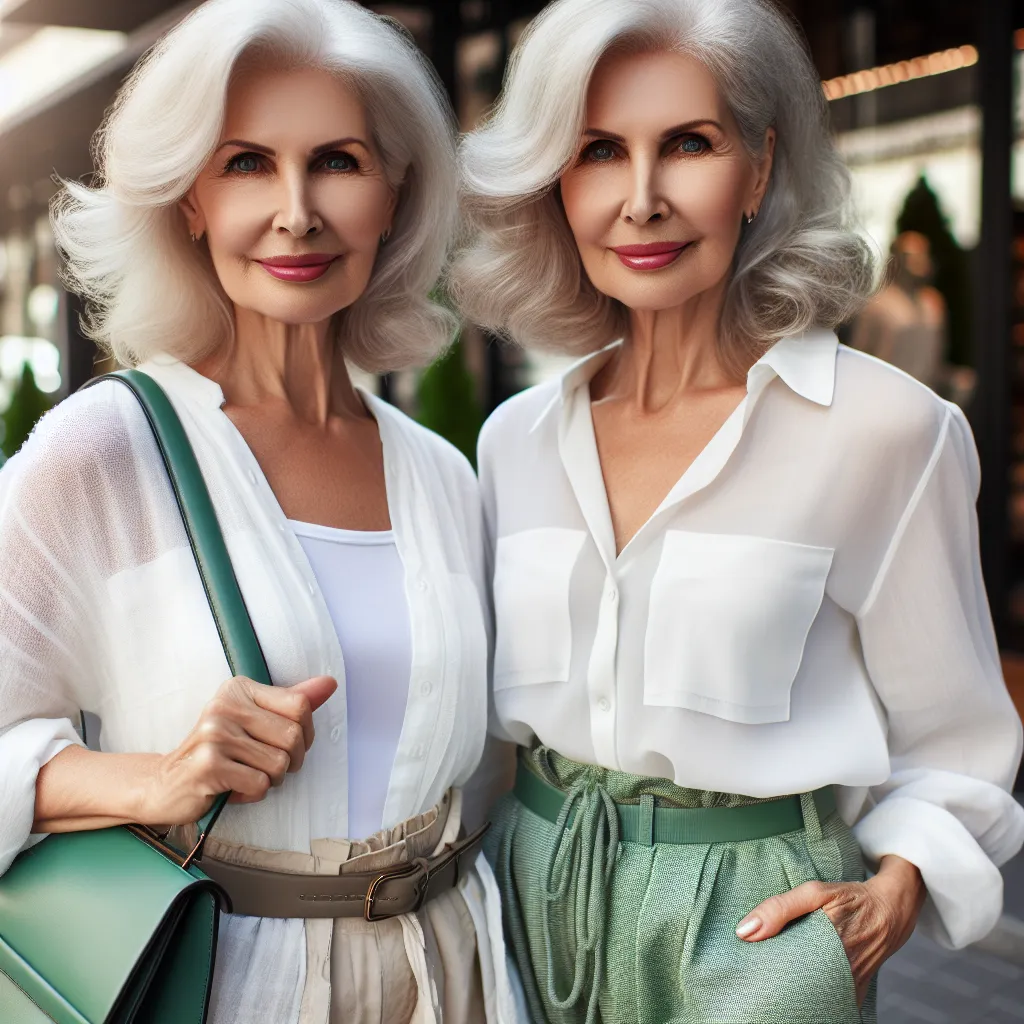 An image of a confident older woman dressed in a white blouse and green shorts, with silver hair, holding a large purse and standing in front of a store.