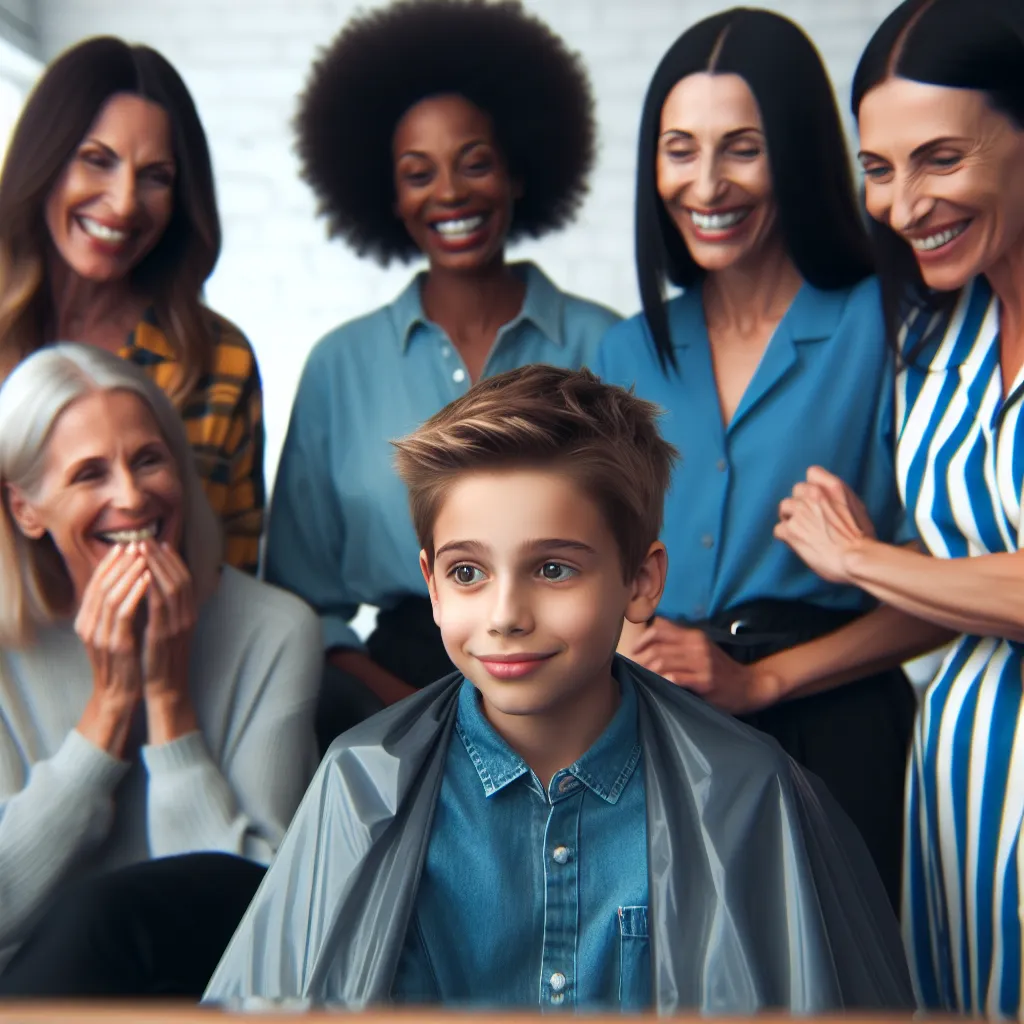 An image of a young boy named Timmy surrounded by a group of five Korean women in a salon. Timmy looks nervous as the women chat and laugh around him, with one of the women, Mi-kyung, smiling warmly at him. The atmosphere is tense as Timmy realizes he is starting to transform into a girl, his reflection in the mirror showing a complete change in appearance.
