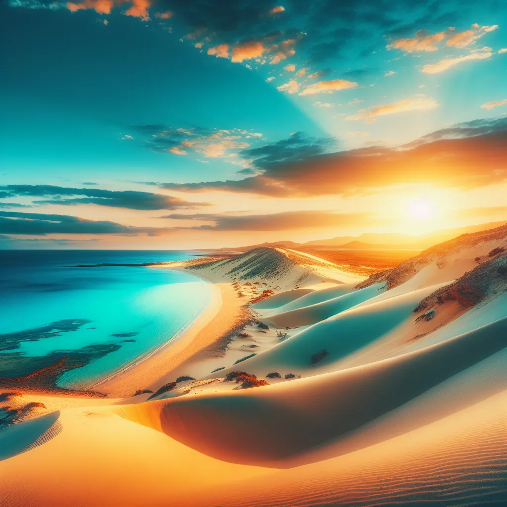 A serene coastal landscape featuring golden sand dunes that stretch towards the crystal-clear turquoise waters of the ocean. The sky is painted with vibrant hues of blue and orange as the sun sets in the distance, casting a warm glow over the scene.