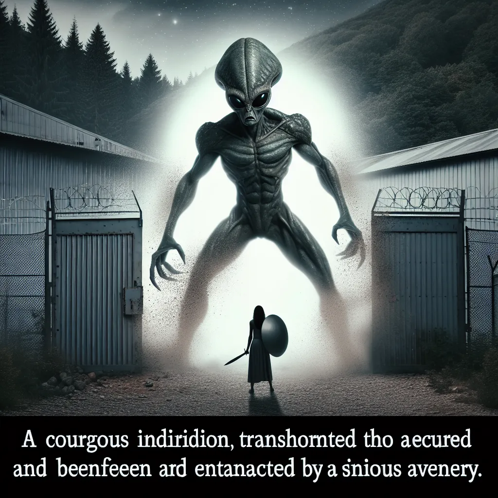 An image of Angel, transformed into the powerful alien Armodrillo, breaking through the reinforced gates of a dark and mysterious facility in the woods. He is determined to rescue Gwen, who has been altered and placed under a hypnotic trance by the villain Albedo.