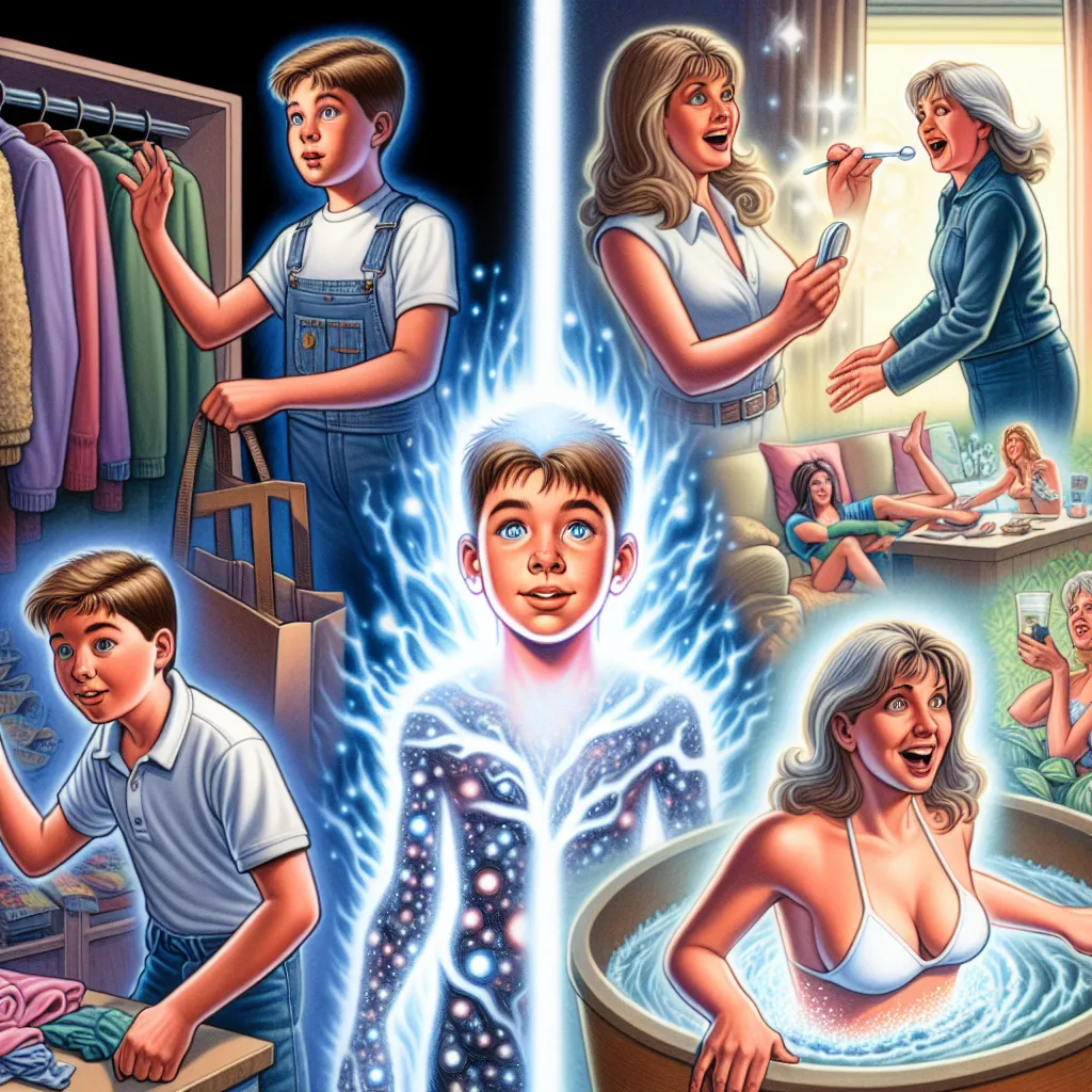 A young boy named Jacob undergoes a sudden and unexpected transformation into a middle-aged woman named Ashley. Confused at first, Ashley gradually embraces her new identity with confidence and assertiveness. She goes about her day, shopping for clothes, enjoying a spa day, and spending time with her friend Jennifer. Ashley's memories settle into her new reality, and she feels a sense of purpose and contentment in her transformed life.