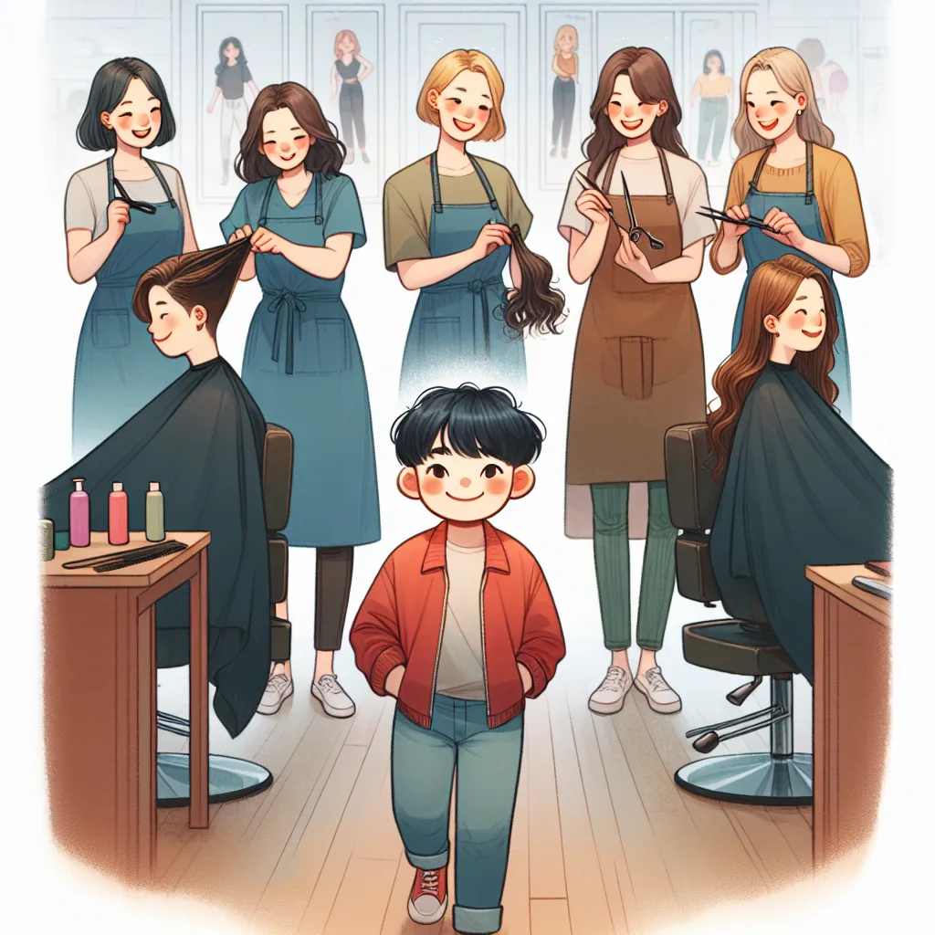 A young boy named Alex White visits a salon run by five Korean women: Min, Soo, Hana, Jin, and Yumi. Yumi, one of the women, swaps bodies with Alex, who becomes confused and distressed before settling into her new life as a stylist. Yumi flourishes in her new role, finding fulfillment, joy, and a sense of family within the salon community. Her journey is marked by growth, learning, and a deep appreciation for the present moment. The image could capture a heartwarming moment of Yumi confidently s
