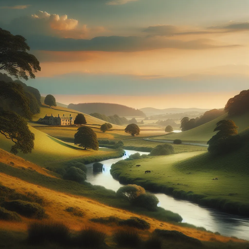 A peaceful, idyllic countryside scene with rolling green hills, a meandering river, and a quaint farmhouse nestled in the distance. The sky is painted with soft hues of orange and pink as the sun sets, casting a warm, serene glow over the landscape.