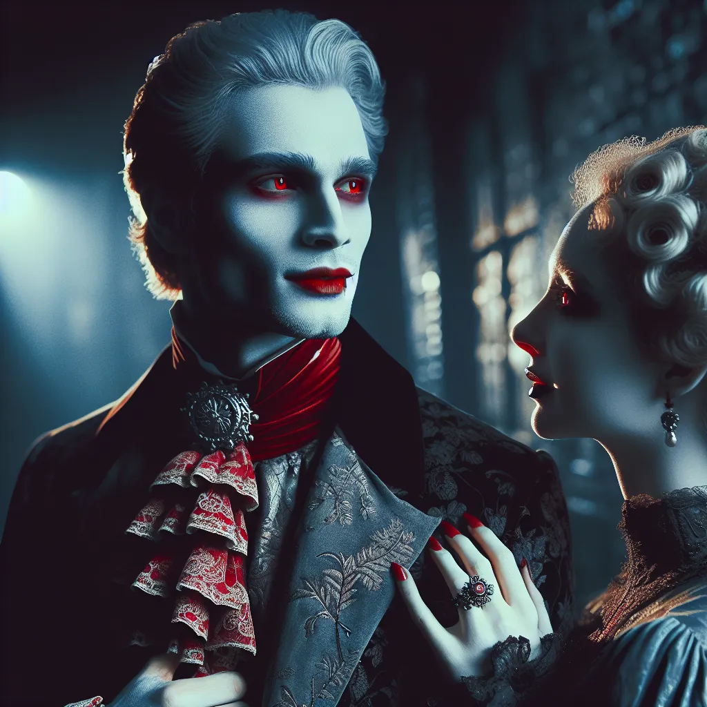 An image of a mysterious and alluring vampire, with porcelain skin and red lips, drinking from the wrist of a willing human in a dimly lit alleyway, capturing a moment of trust and intimacy in the horror genre story "Velvet Veins: A Dance with the Undying."