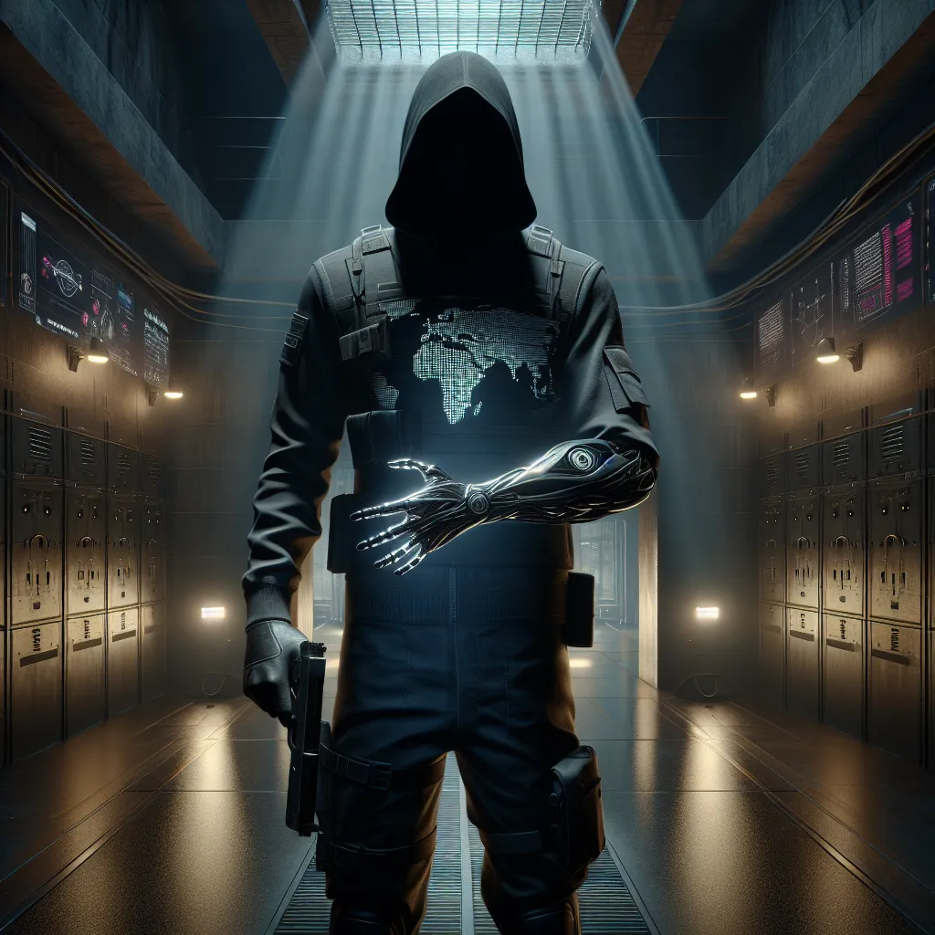 The image will depict a male spy, Agent Henry Donovan, standing in a dimly lit room inside a fortress-like Russian military base. He is wearing a high-tech glove that holds a prototype device. The image will capture Henry's transformation into Major Irina Petrov, a female Russian military officer. The lighting will emphasize the tension between duty and desire, with shadows dancing in the background. The image should convey the conflicting emotions and the sense of danger and intrigue that perme