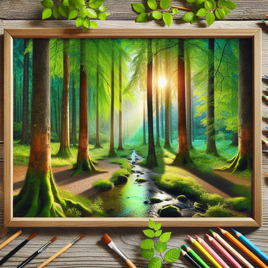 This image portrays a serene forest scene with tall, majestic trees stretching towards the sky. Sunlight filters through the leaves, casting a warm glow on the lush greenery below. A small stream trickles through the peaceful woodland, adding to the tranquility of the setting.