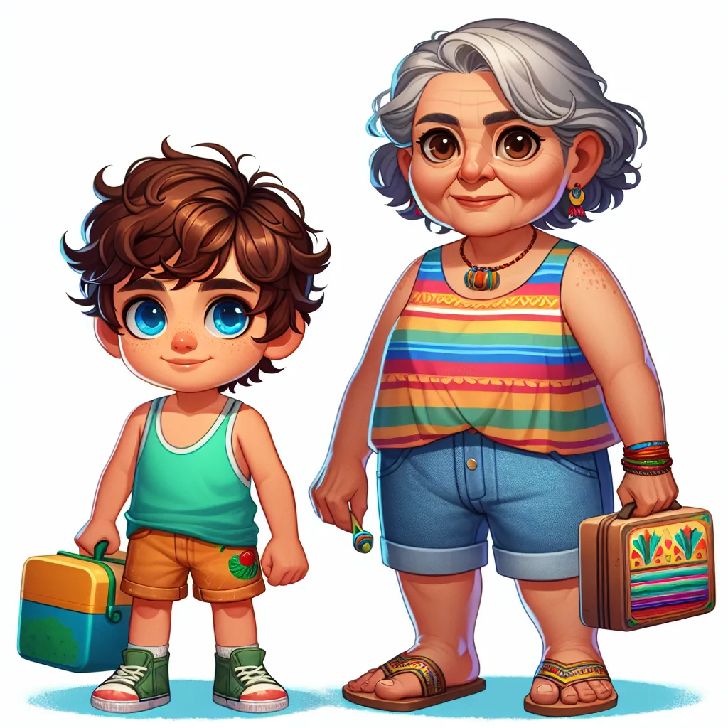 The image generated should depict a young boy named Jack and an older woman named Camila. Jack should have short, curly brown hair, blue eyes, and be wearing shorts, a tank top, and flip flops. Camila, on the other hand, should have short, wavy gray hair, brown eyes, and be wearing a brightly colored tank top, denim shorts, and Mexican-themed flip flops. The two characters could be standing together, with Camila holding Jack's lunch and a small slingshot in her hand.