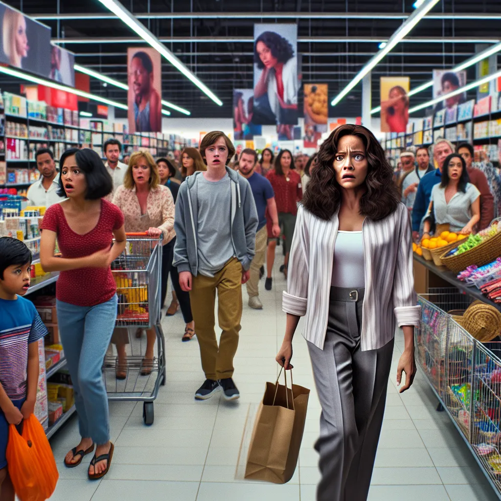A detailed story unfolds as young Ethan, shopping with his mom, mysteriously transforms into a mature Mexican woman in a crowded store, experiencing confusion and panic in this strange new reality.
