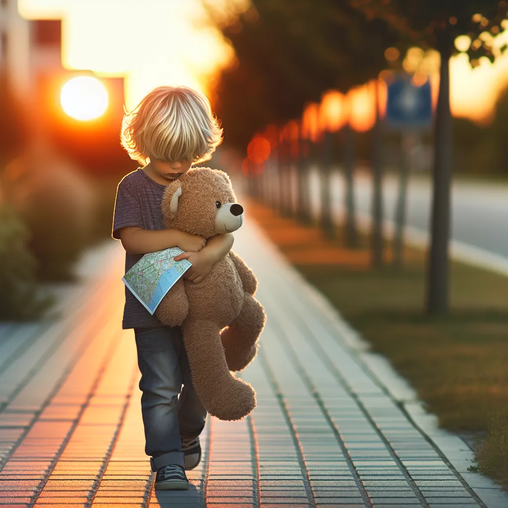 An image of a blonde, 7-year-old boy named Jacob walking alone down a sidewalk as the sun sets. He clutches his stuffed bear and carries a map in his pocket.