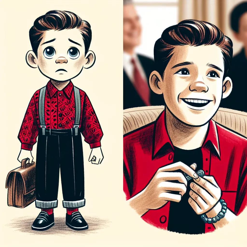 A bright-eyed little boy named Andrew, with tousled brown hair, is clad in a red mini-dress and high-heeled platform sandals, experiencing an unexpected transformation. In a state of confusion, he clings to Melissa's purse, fumbling with the jewelry adorning his feminine hands. As Andrew stumbles through unfamiliar surroundings, his distress grows. Yet, a magic switch in Jake's room returns him to his own body, easing his anxiety. Andrew's gratitude for his true identity swells as he rejoins his